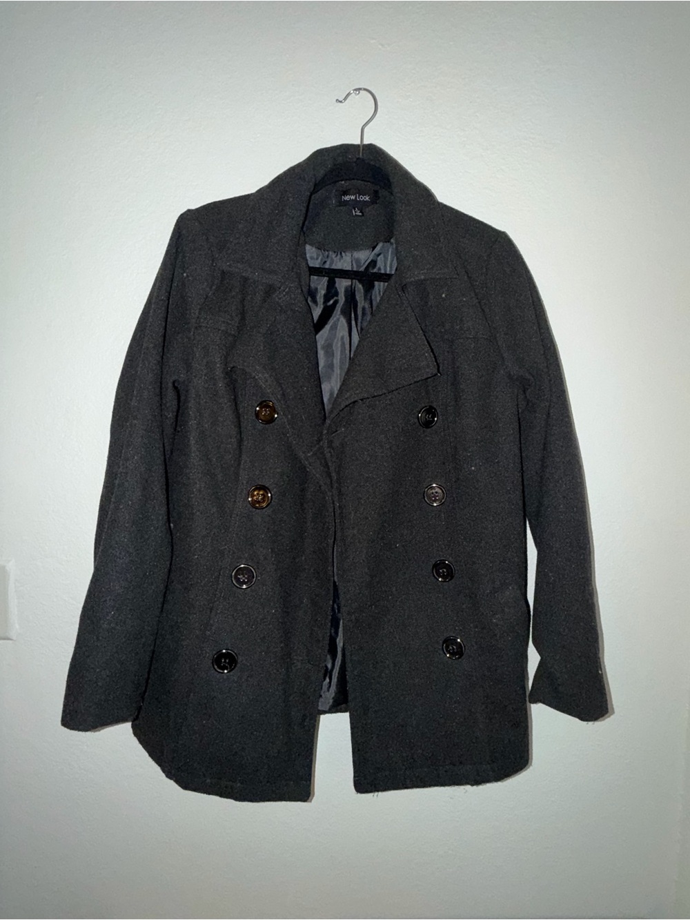 New Look Black Double-Breasted Pea Coat with Notch Collar